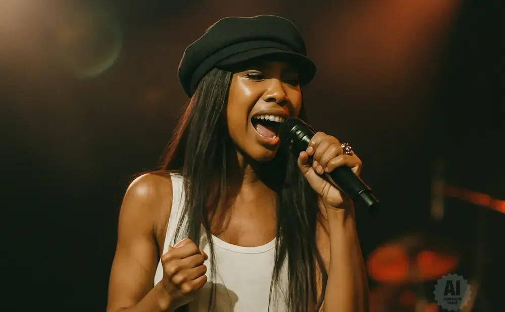 Singer with a black cap and white tank top singing into a microphone.