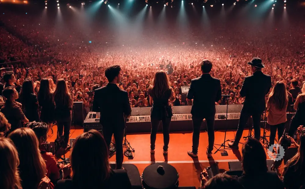 A band performs on stage in front of a massive, cheering crowd at a concert, bathed in red stage lights.
