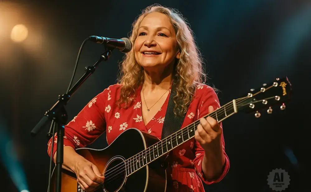 A woman with blonde hair smiles while playing an acoustic guitar and singing into a microphone on stage.