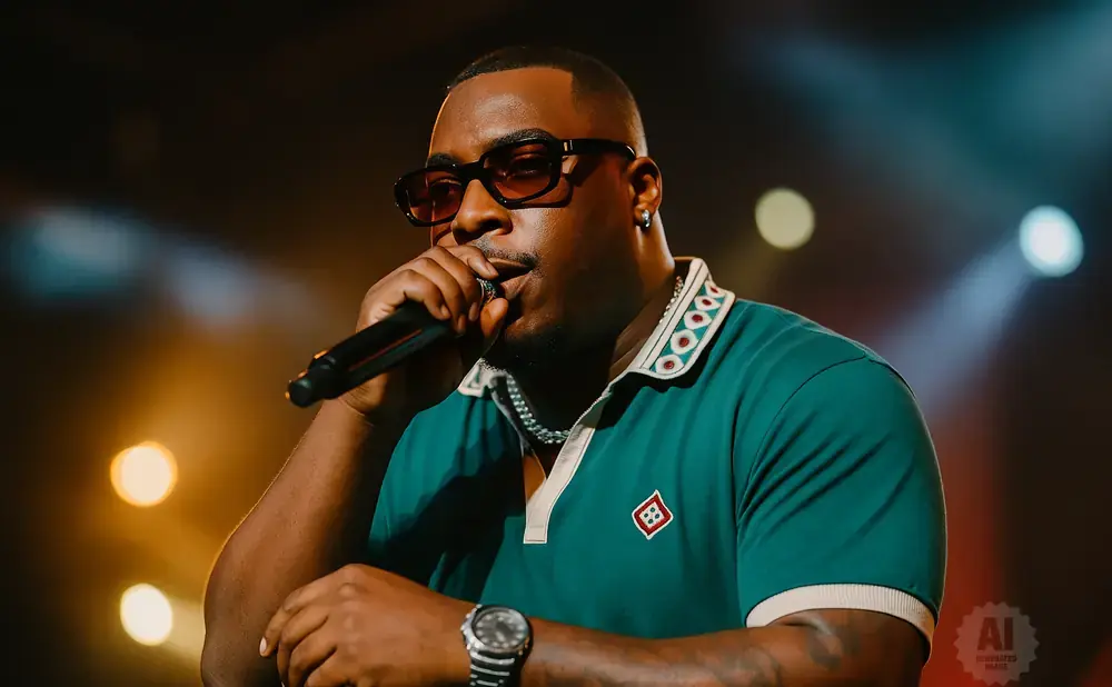 Man in sunglasses and green polo shirt raps into a microphone on stage with stage lights in the background.