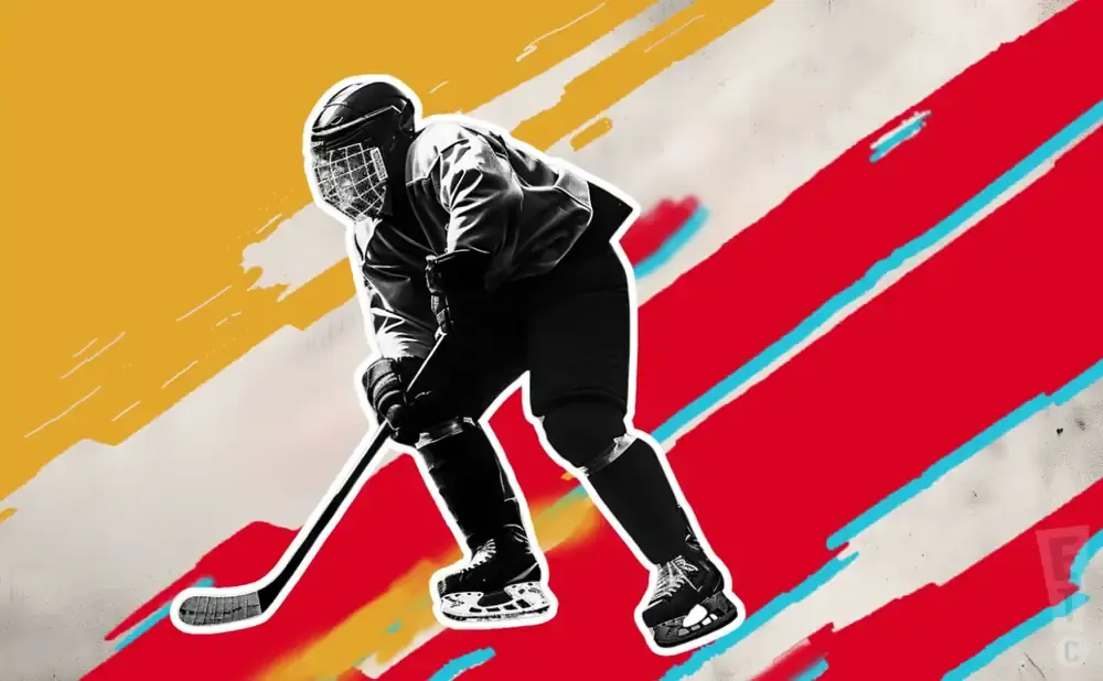 A hockey player in silhouette, bent low with a stick, against a backdrop of bold yellow and red abstract lines.