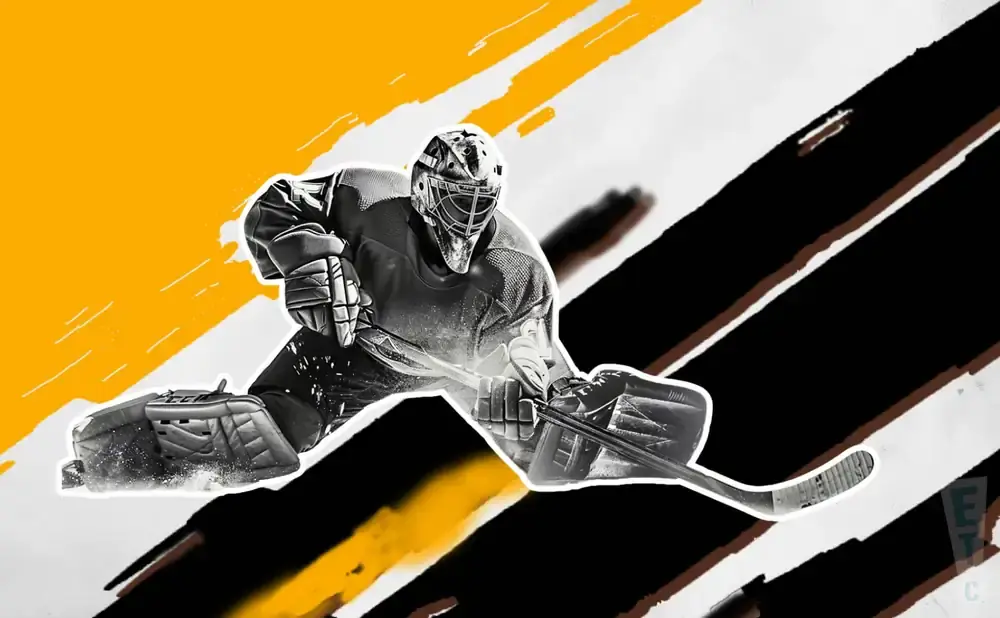 Hockey goalie in full gear dives to make a save with a stylized graphic background.