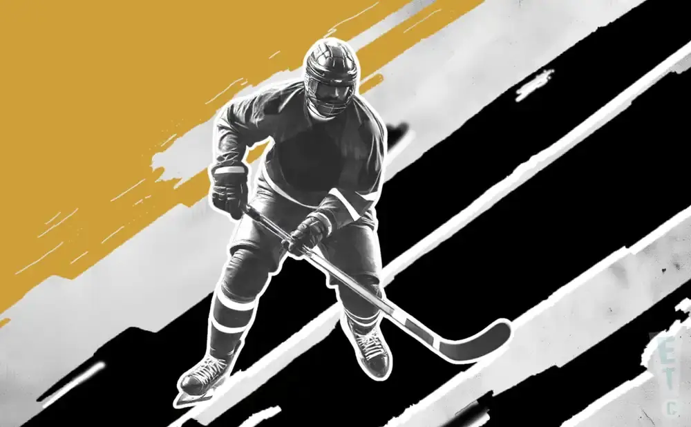 A hockey player in uniform skates with a stick against a black, white, and yellow abstract background.