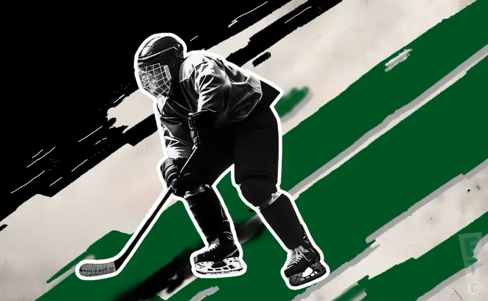 A hockey player in silhouette, bent low with a stick, against a black and green striped background.