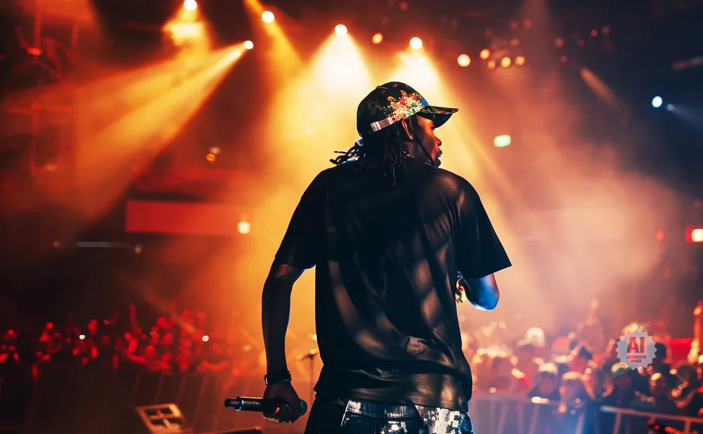 A performer wearing a patterned cap and dark t-shirt holds a microphone on a stage with bright orange lights.