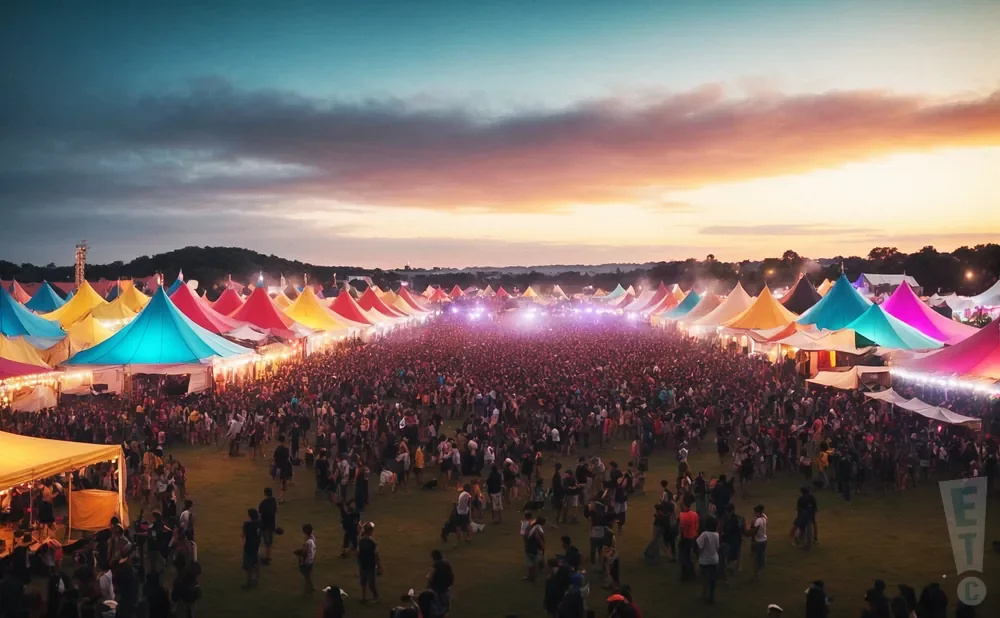 A wide shot of a festival crowd at sunset, with colorful tents and glowing lights.