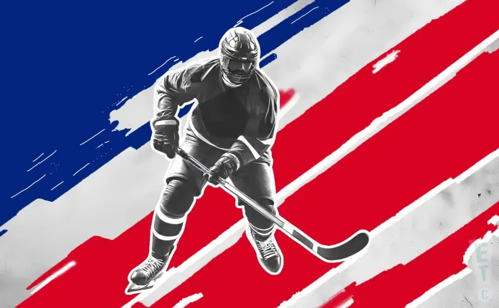 Black and white hockey player on a red, white, and blue background.