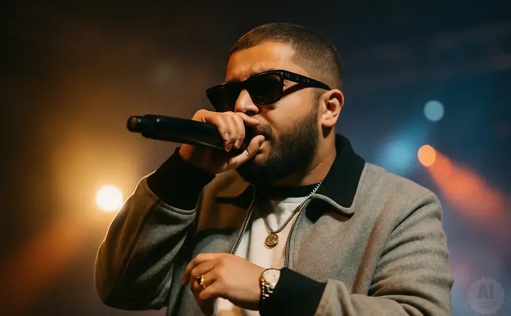 A man with sunglasses and a beard sings into a microphone on stage.