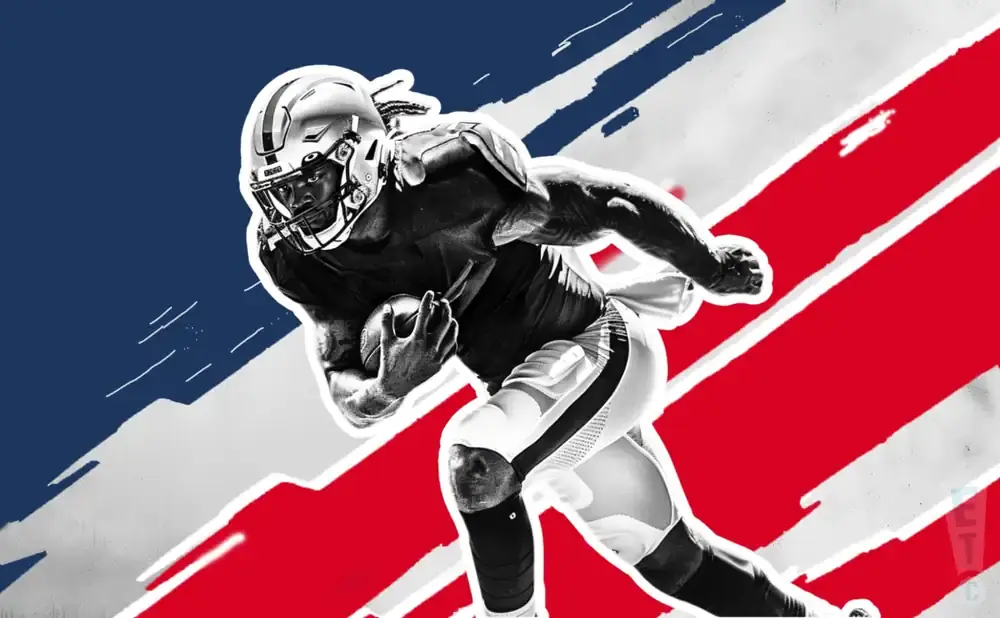 An American football player in black and white runs with a ball, set against a red, white, and blue striped background.