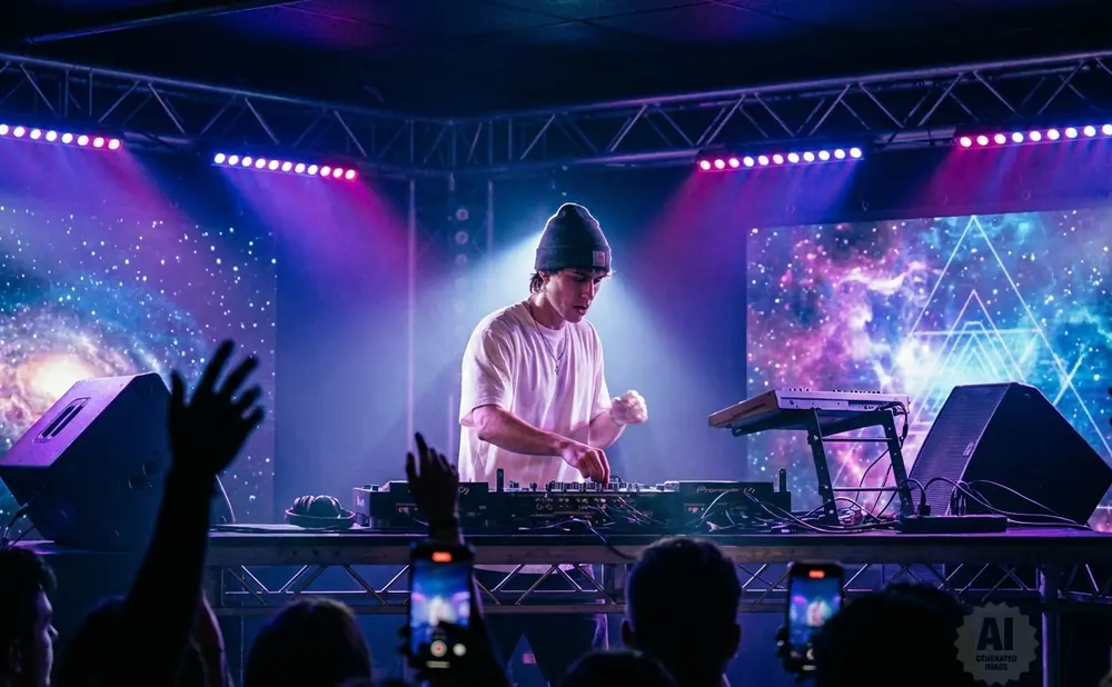 DJ performing on stage with colorful cosmic visuals and lights.