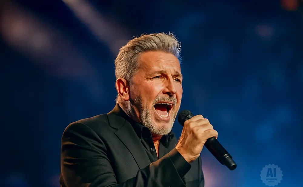 A man with grey hair and a beard sings into a microphone, wearing a black suit and shirt.