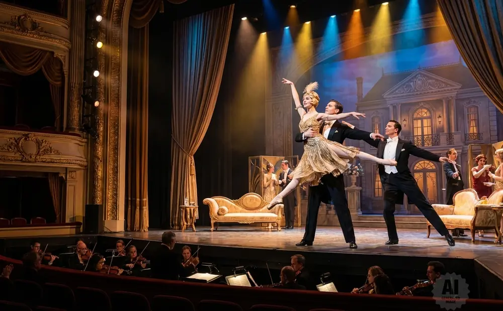 A ballet performance on stage with dancers in costume and an orchestra in the pit.