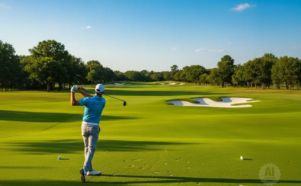 A golfer swings on a bright, sunny golf course with sand traps and trees.