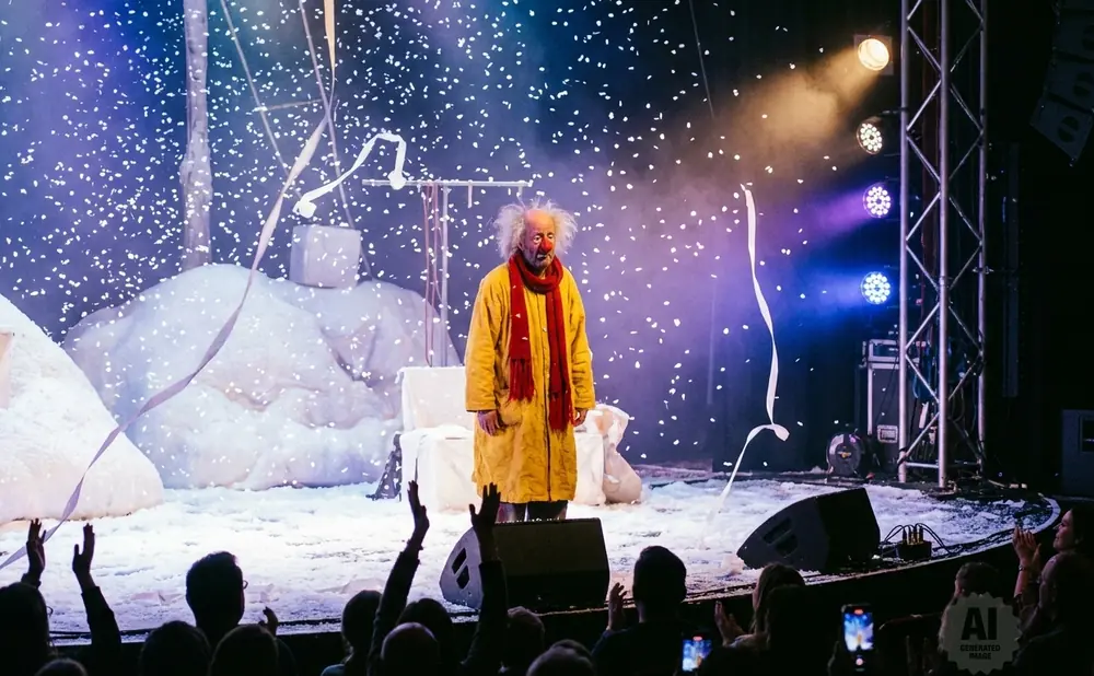 A clown in a yellow coat and red scarf stands on a snowy stage with falling confetti.