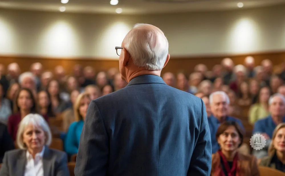 Man in a suit speaking to an audience in a lecture hall.