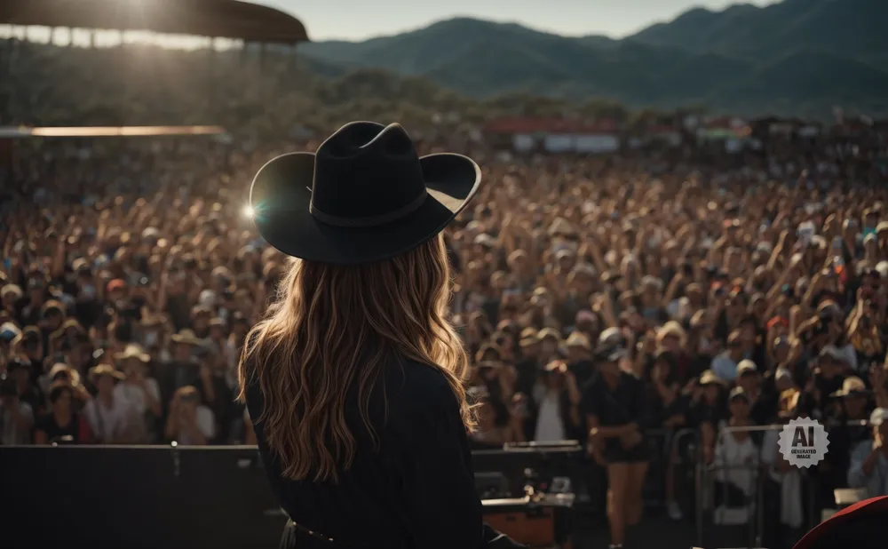 Woman in a black cowboy hat and blonde hair faces a cheering crowd at an outdoor concert.
