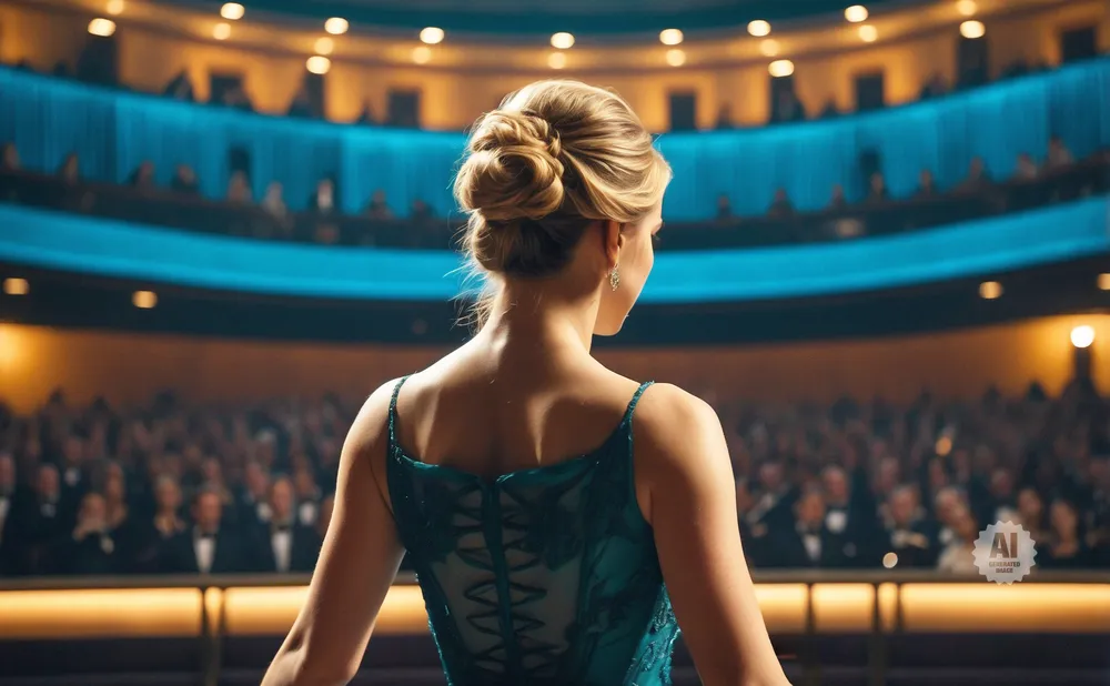 Woman in teal dress with hair in an updo facing an audience in a theater.