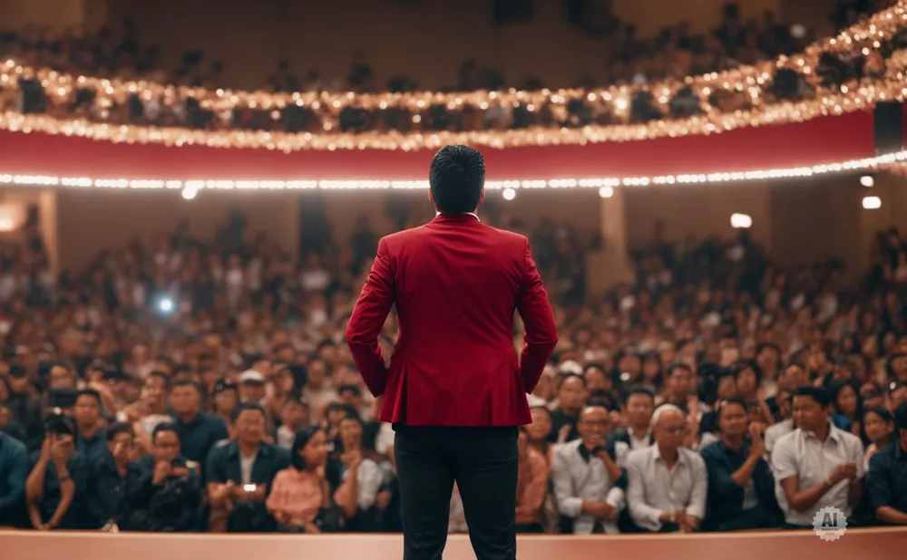 Man in red suit stands on stage facing a large audience in an auditorium.