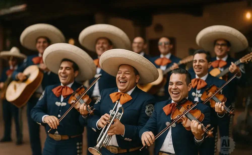 A mariachi band in traditional outfits plays music while wearing large sombreros and smiling.