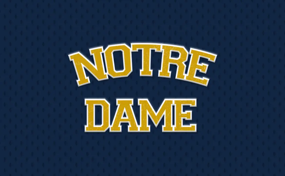 Notre Dame text with yellow, distressed letters on a navy blue, textured background.