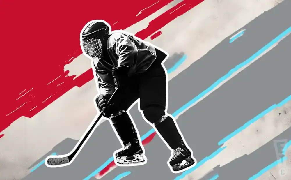 Black and white illustration of a hockey player in full gear on a red, gray, and white background with blue accents.
