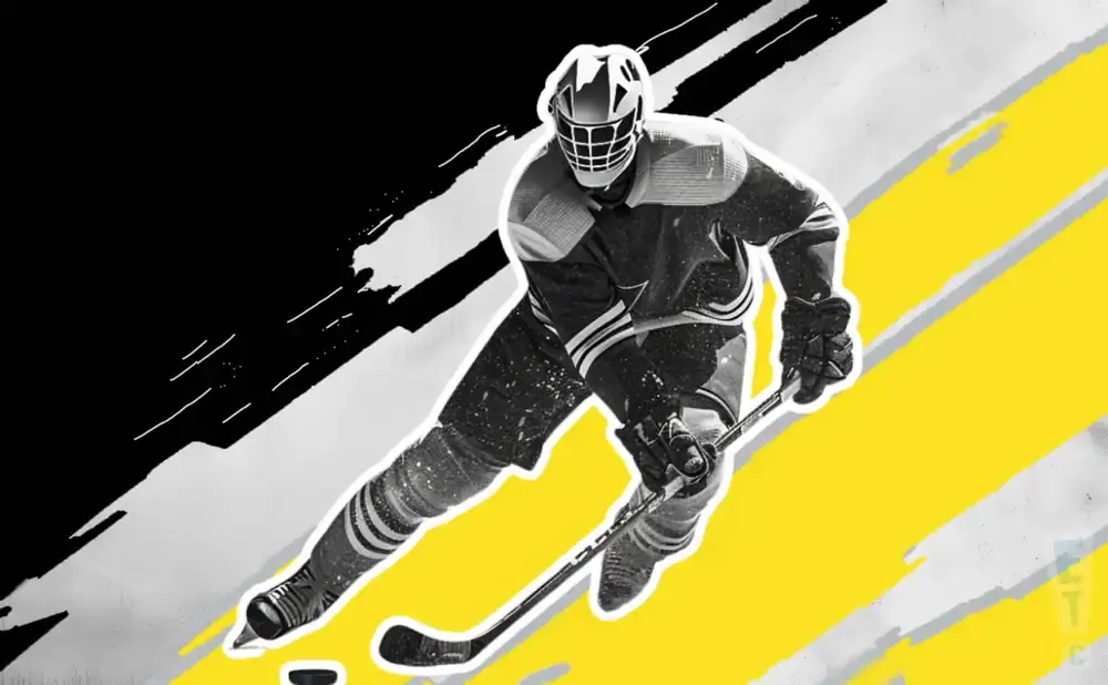 A black and white image of a hockey player in motion, with bold yellow and black graphic elements.