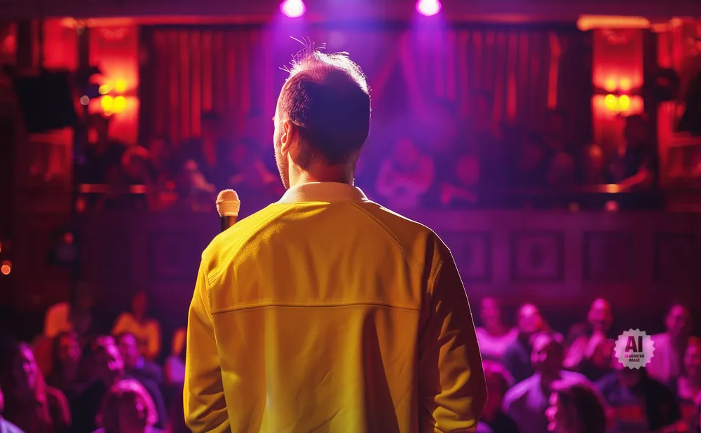 A man in a yellow jacket stands on stage holding a microphone, facing an audience in a dimly lit room.