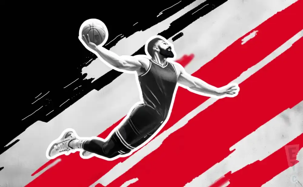 A basketball player dunks on a red and black striped background.