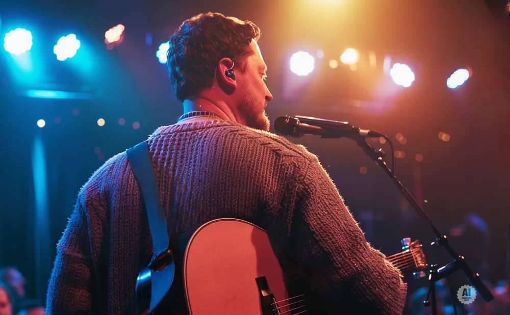 A man plays an acoustic guitar on stage, bathed in blue and orange spotlight.