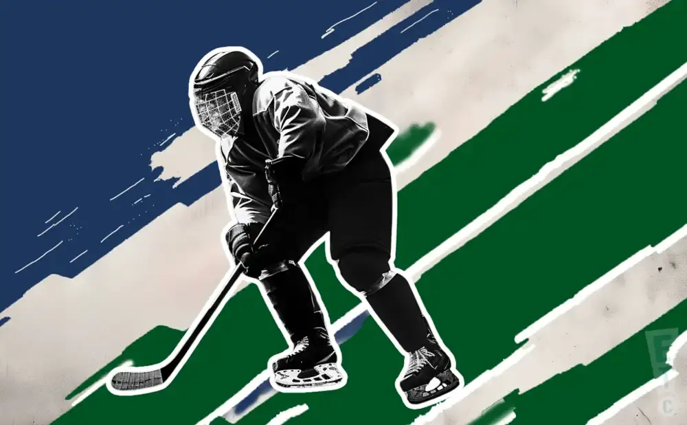 A hockey player in a dark uniform skates forward with a stick on a background of blue and green stripes.