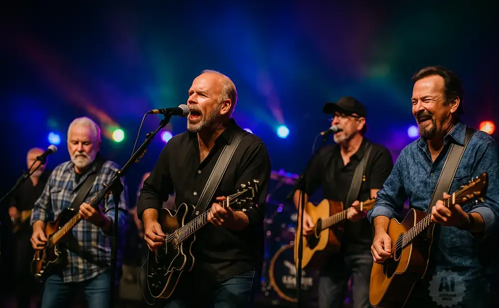 Four men play guitars and sing on a stage with colorful lights.