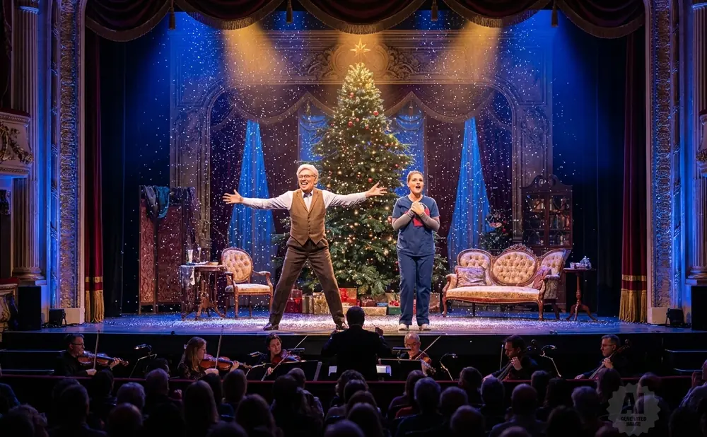 A couple sings onstage at Christmas next to a tree with a snow effect.