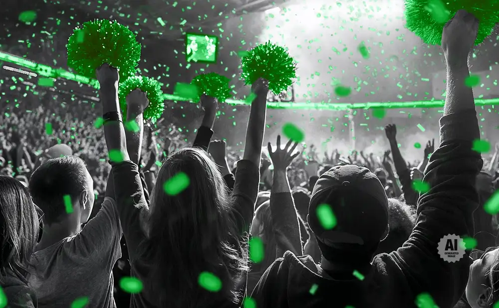 A crowd cheers with green pom-poms and confetti at a concert or sporting event.