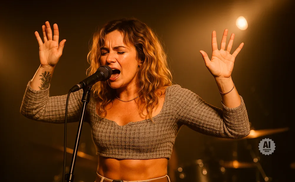 A woman with curly hair sings into a microphone with her arms raised.