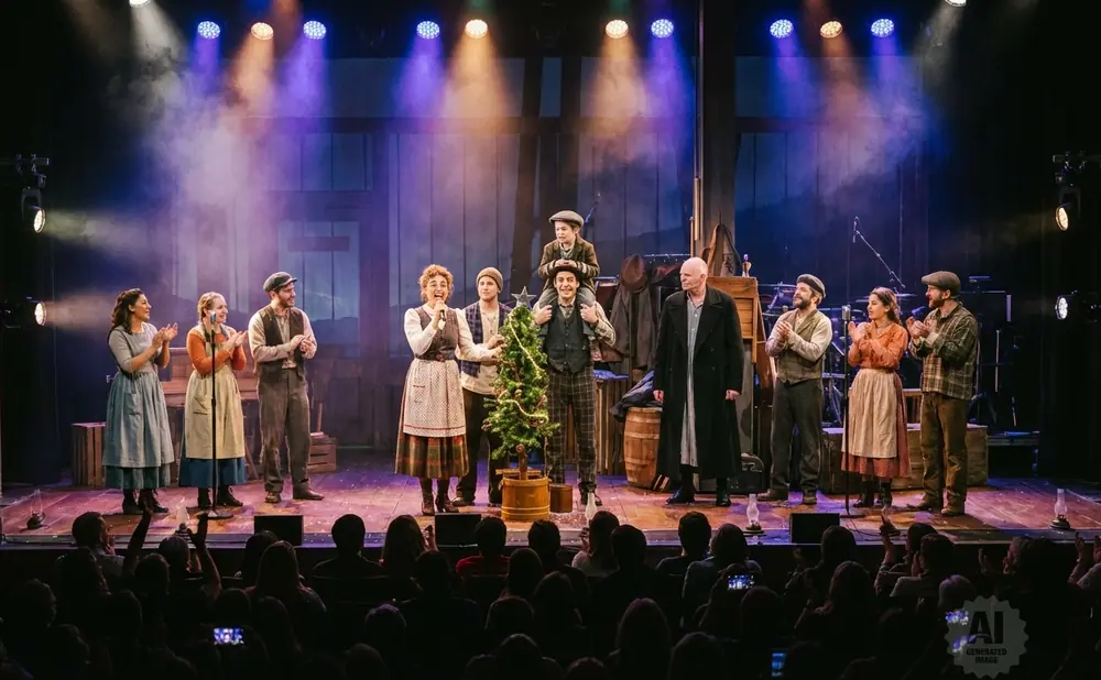 Musicians perform on a rustic stage before a cheering audience, illuminated by stage lights.