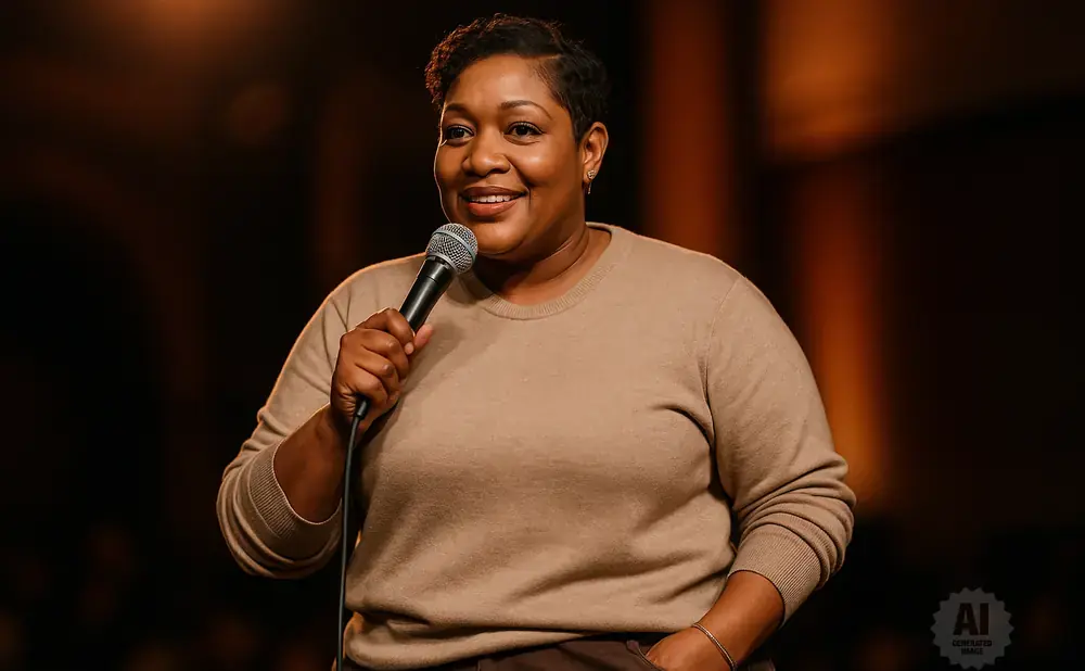 A Black woman with short hair smiles while holding a microphone on a stage.