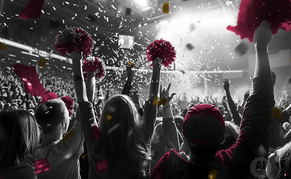 A crowd cheers at a concert with confetti and red pom-poms.