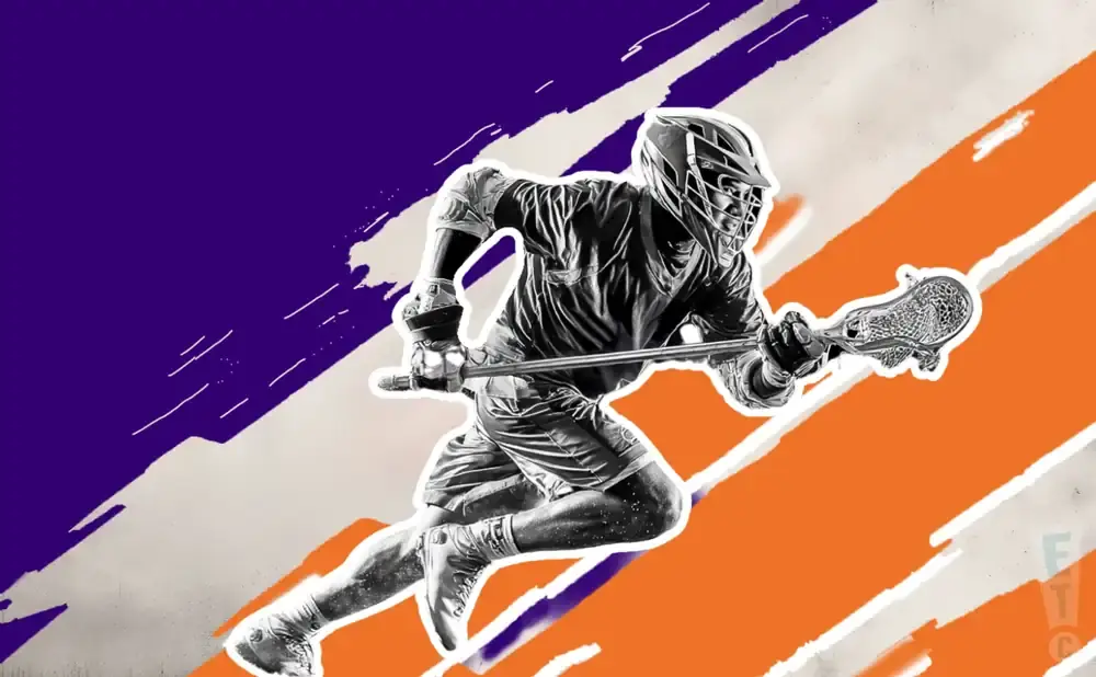 A lacrosse player in motion with a stick, against a background of purple and orange stripes.