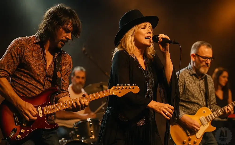 A band performs on stage with a lead singer in a black hat and dress, a guitarist in a patterned shirt, and a drummer.