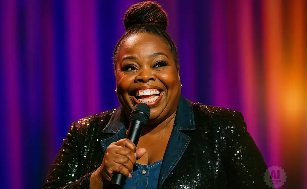 A Black woman with her hair in a bun laughs while holding a microphone, wearing a sparkly jacket.