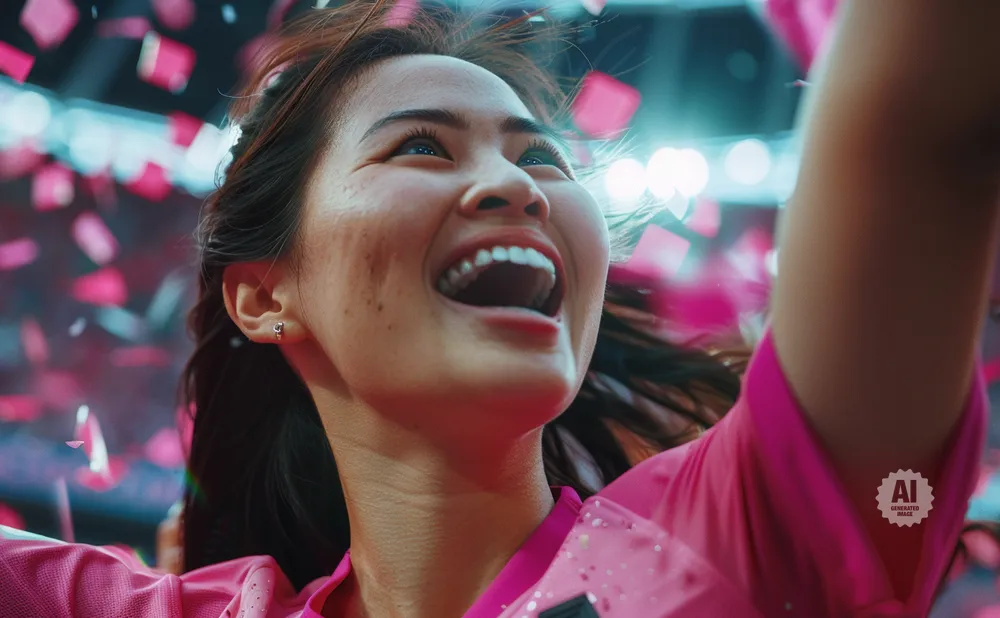 A woman in a pink shirt laughs with her mouth open as pink confetti falls around her.