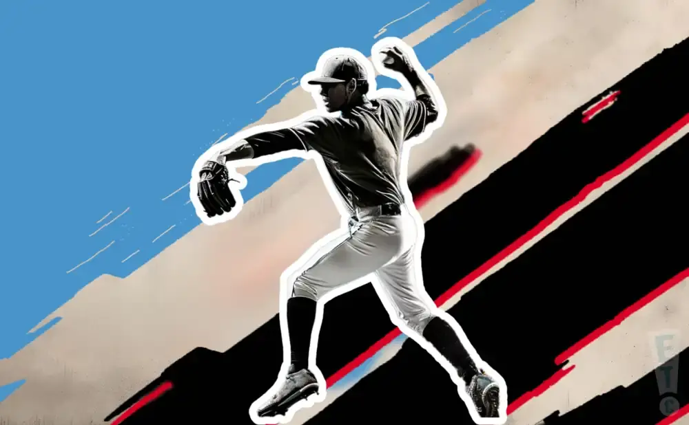 A baseball pitcher in mid-throw against a stylized, colorful background.