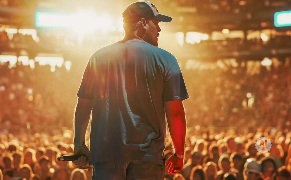 Performer on stage holding a microphone, facing a large audience at a concert.