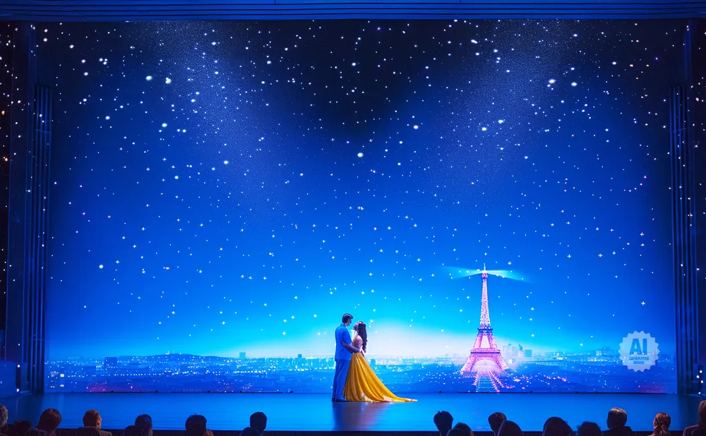 A couple dances under a starry sky in front of a projection of the Eiffel Tower and Paris.