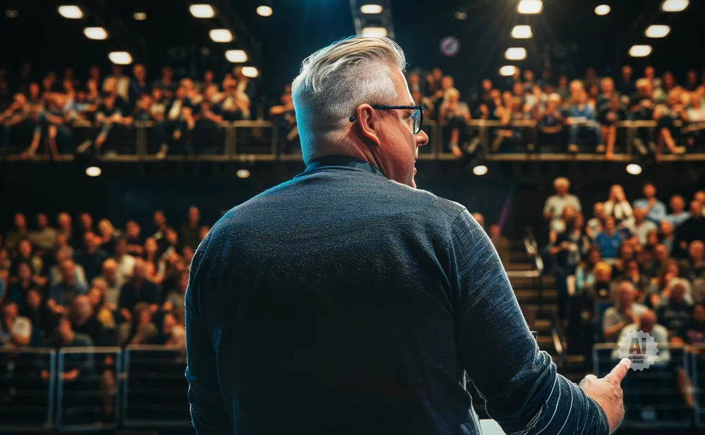 Man with white hair and glasses speaking to a blurred audience.