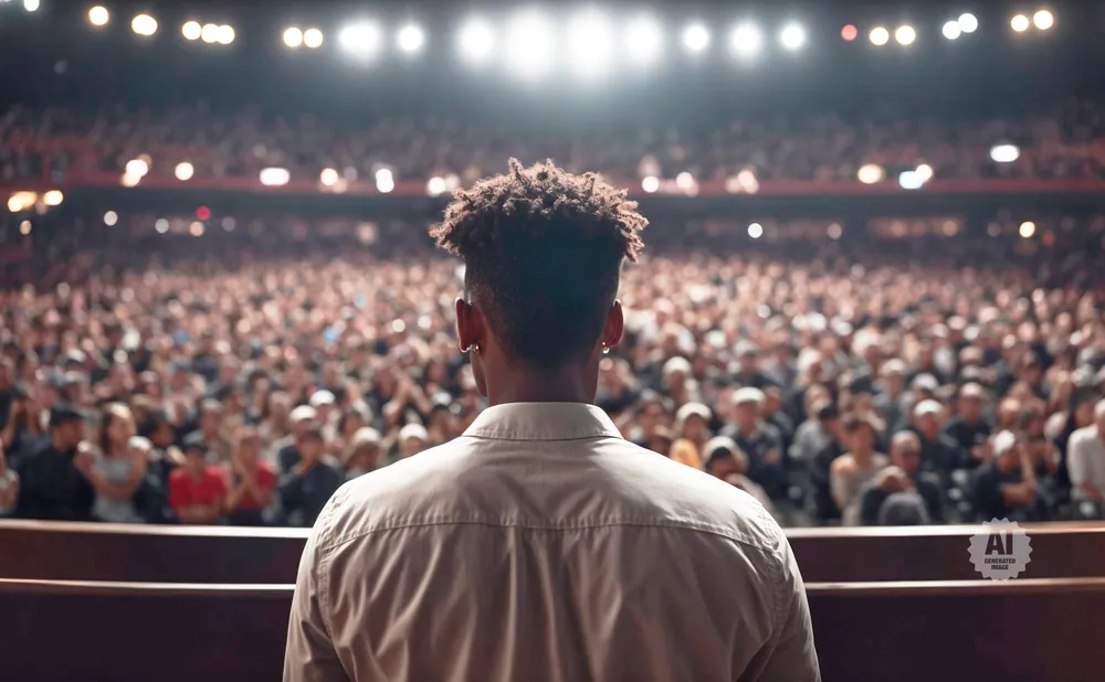 Man in light shirt faces a packed audience in a theater, bathed in bright stage lights.