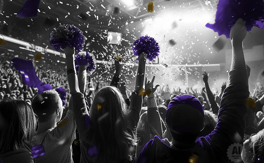 A crowd celebrates with purple pom-poms and confetti, with purple accents on clothing.