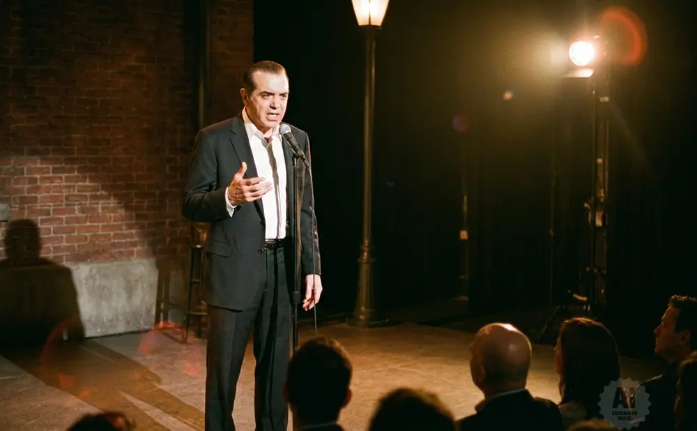 A man in a suit stands at a microphone on a stage, speaking to an audience.