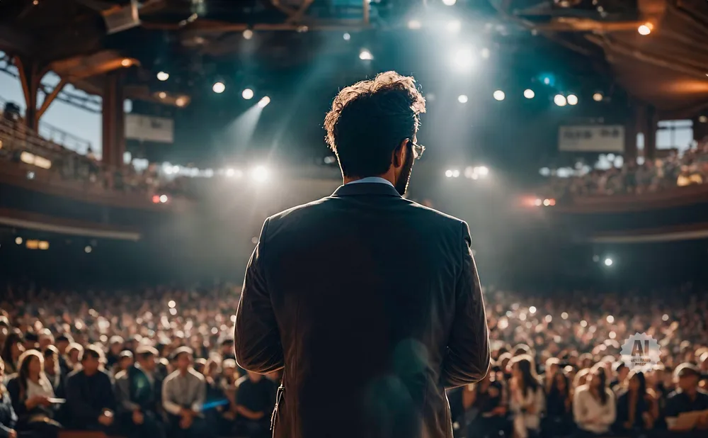Man in suit facing an audience under bright stage lights