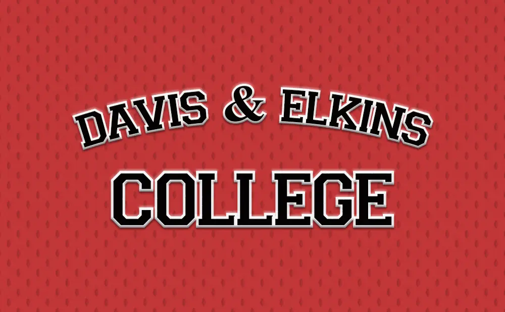 Davis & Elkins College logo with red textured background.